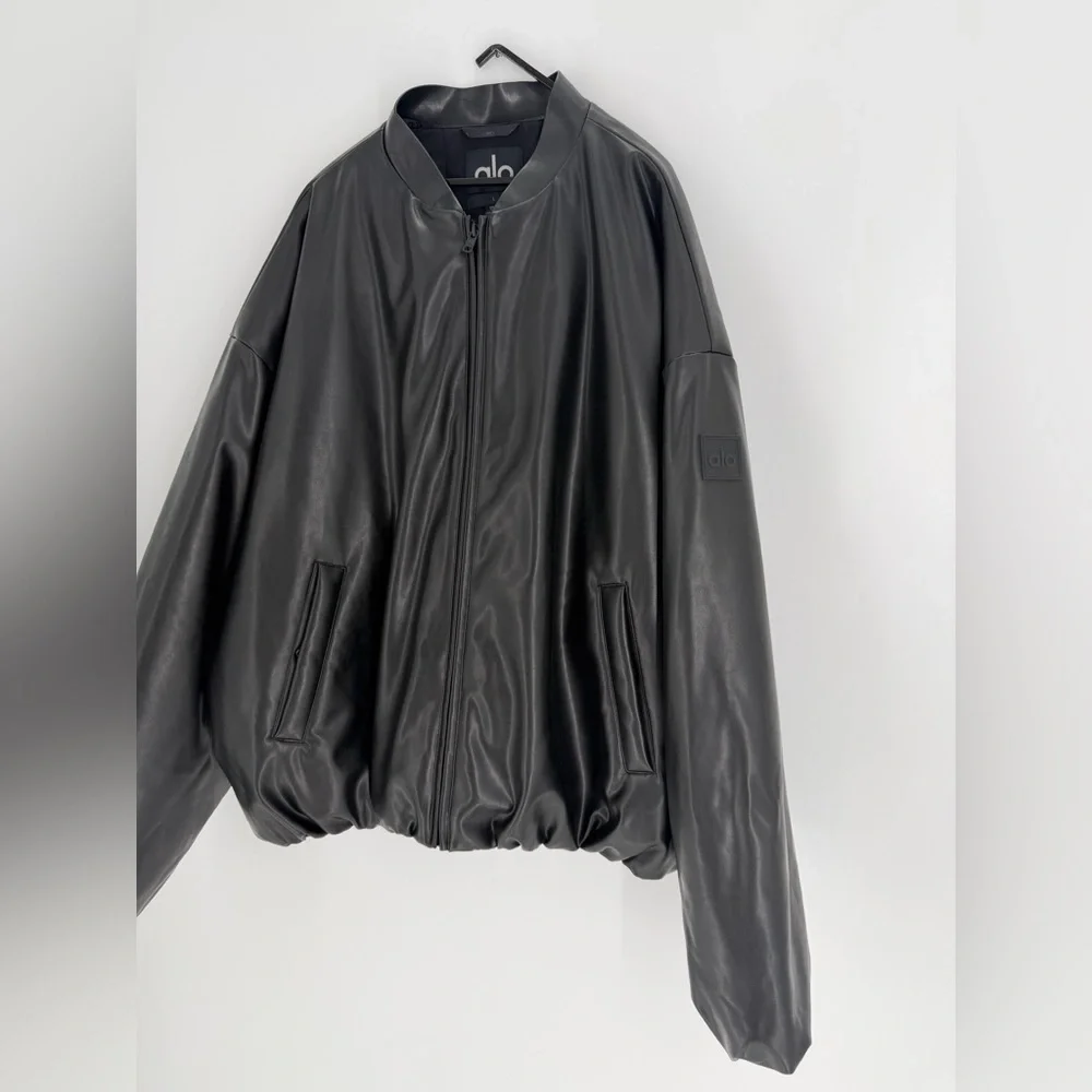 Alo Black Oversized Faux Leather Premier Bomber Jacket
